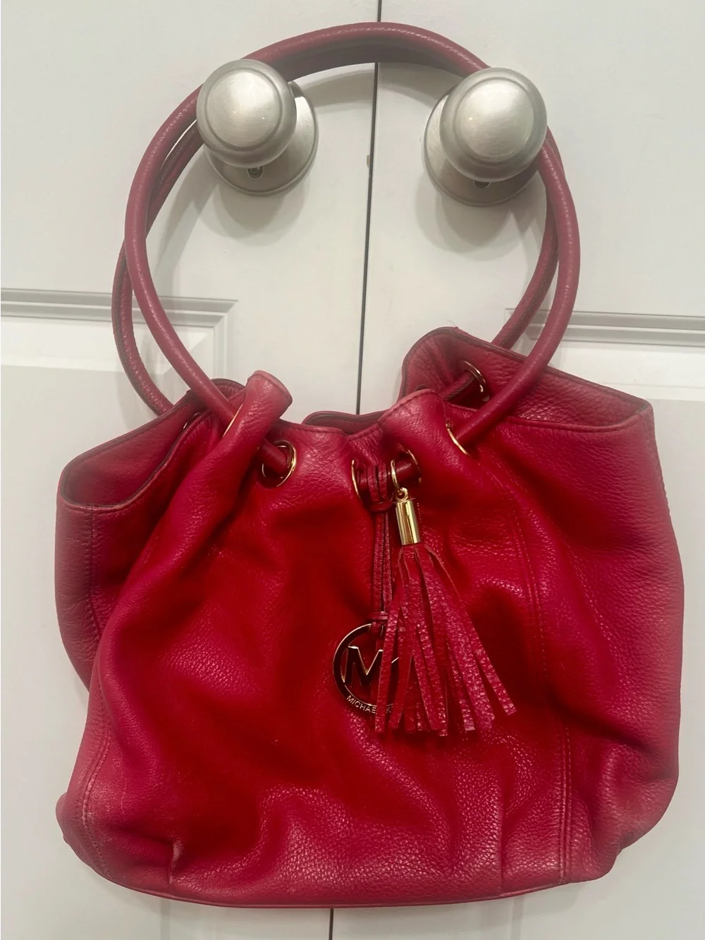 Michael Kors Red Pebbled Leather Drawstring Tassel Large Shoulder Bag